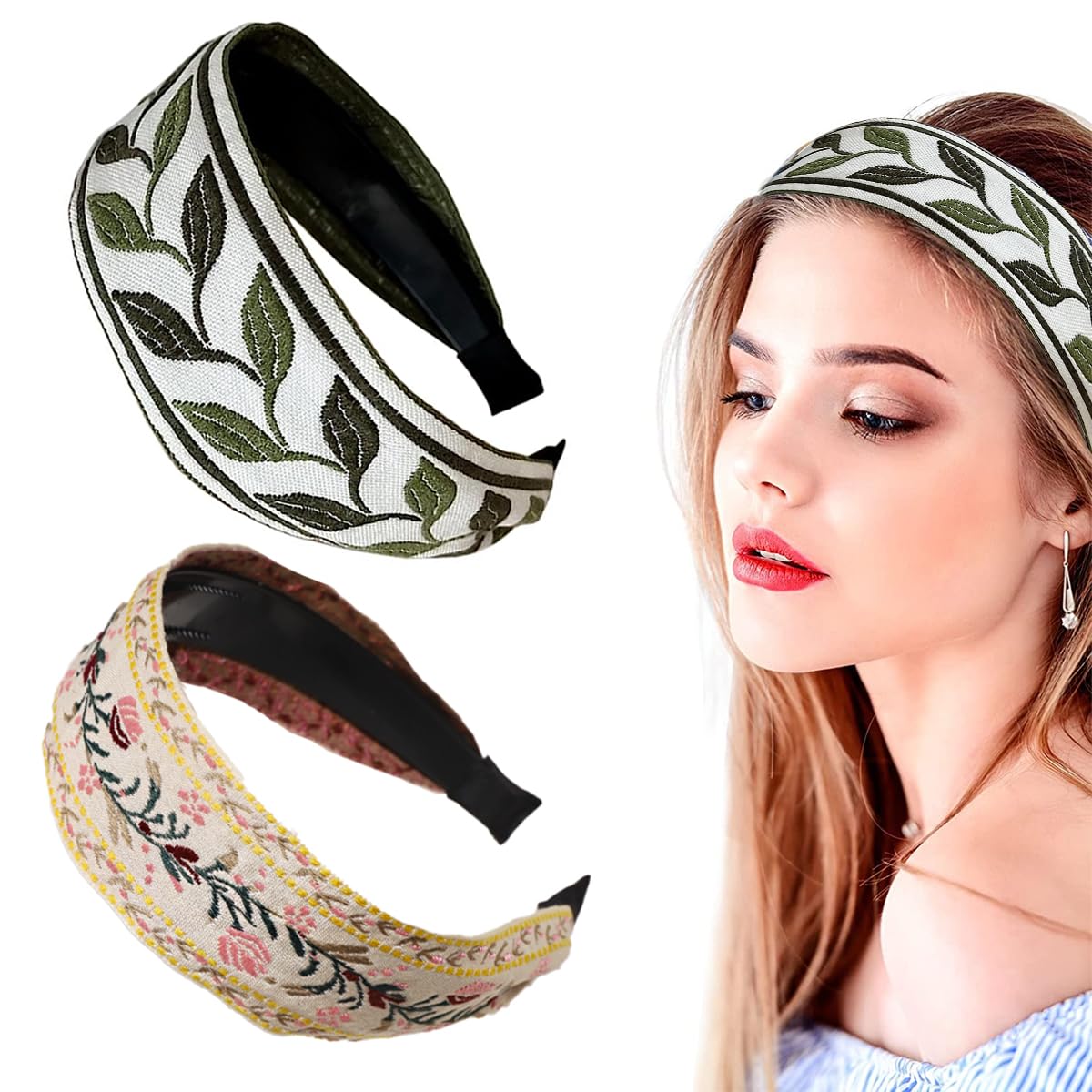 SANNIDHI 2 Pcs Boho Handmade Embroidery Hair Band, Bohemia Floral Wide Vintage Ethnic Style Hair Band for Women Girls Hair Accessories (White+Green) SANNIDHI 2 Pcs Boho Handmade Embroidery Hair Band, Bohemia Floral Wide Vintage Ethnic Style Hair Band for Women Girls Hair Accessories (White+Green)